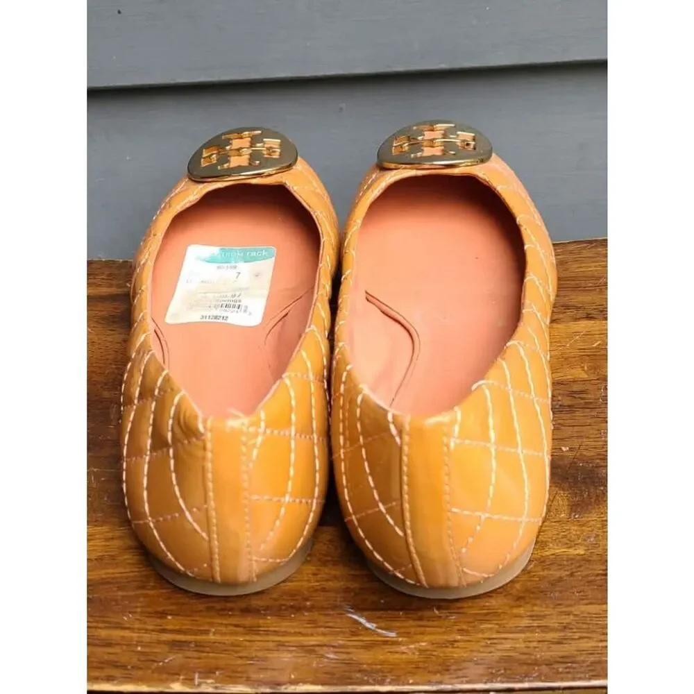 Tory Burch Reva Peach Quilted Patent Leather Flats size 7 NWT stained